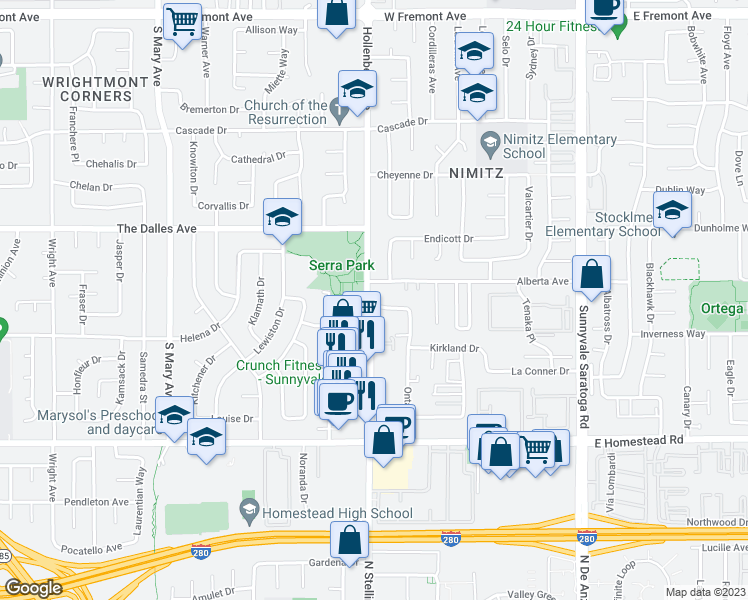 map of restaurants, bars, coffee shops, grocery stores, and more near 699 Grand Coulee Avenue in Sunnyvale
