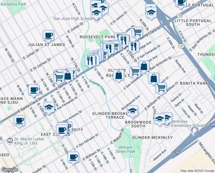 map of restaurants, bars, coffee shops, grocery stores, and more near 111 South 19th Street in San Jose