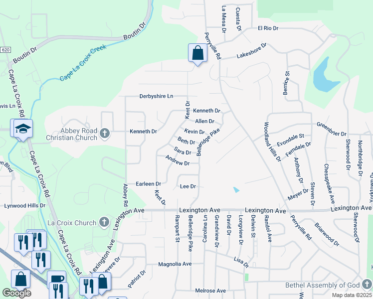 map of restaurants, bars, coffee shops, grocery stores, and more near 2010 Sara Drive in Cape Girardeau