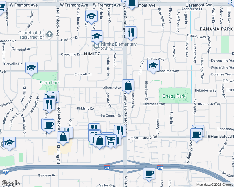 map of restaurants, bars, coffee shops, grocery stores, and more near 509 Granger Terrace in Sunnyvale