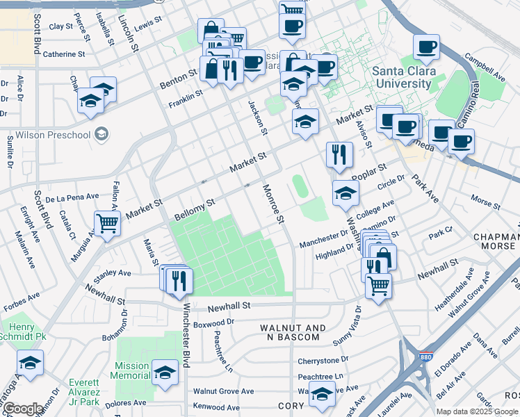 map of restaurants, bars, coffee shops, grocery stores, and more near 375 Madison Street in Santa Clara