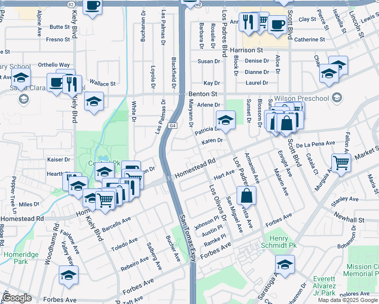 map of restaurants, bars, coffee shops, grocery stores, and more near 2416 Karen Drive in Santa Clara