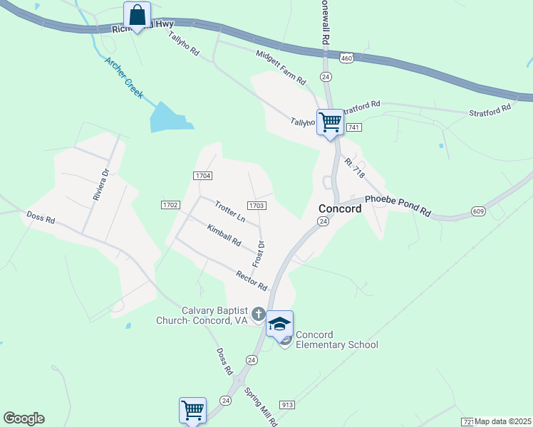 map of restaurants, bars, coffee shops, grocery stores, and more near 225 Frost Drive in Concord