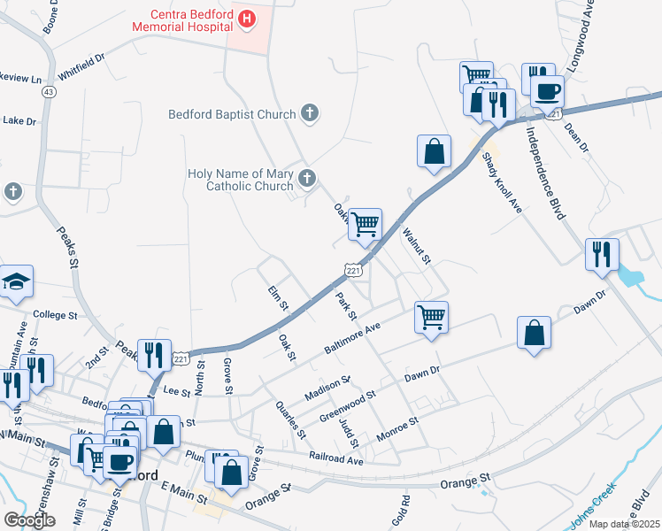 map of restaurants, bars, coffee shops, grocery stores, and more near 1105 Longwood Avenue in Bedford