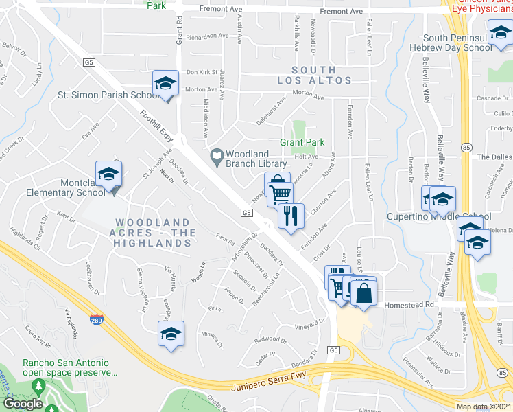 map of restaurants, bars, coffee shops, grocery stores, and more near 2049 Grant Road in Los Altos