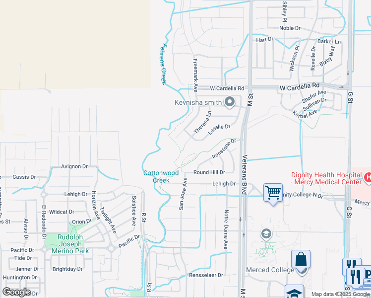 map of restaurants, bars, coffee shops, grocery stores, and more near 4202 Theresa Court in Merced
