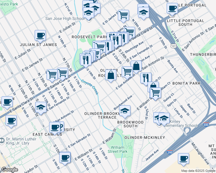 map of restaurants, bars, coffee shops, grocery stores, and more near 133 South 20th Street in San Jose