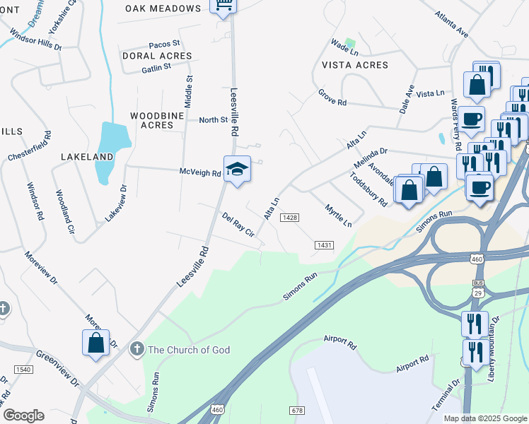 map of restaurants, bars, coffee shops, grocery stores, and more near 408 Alta Lane in Lynchburg