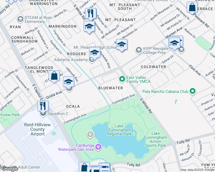 map of restaurants, bars, coffee shops, grocery stores, and more near 3013 Bluewater Court in San Jose