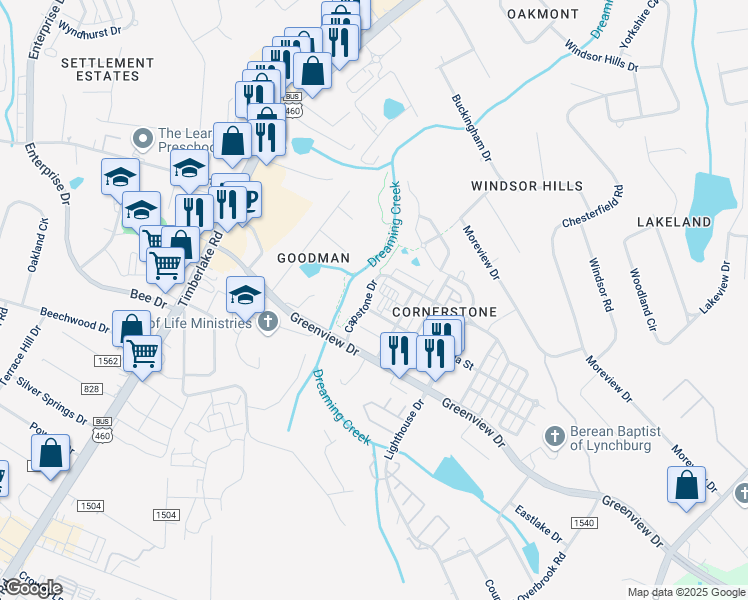 map of restaurants, bars, coffee shops, grocery stores, and more near 200 Capstone Drive in Lynchburg