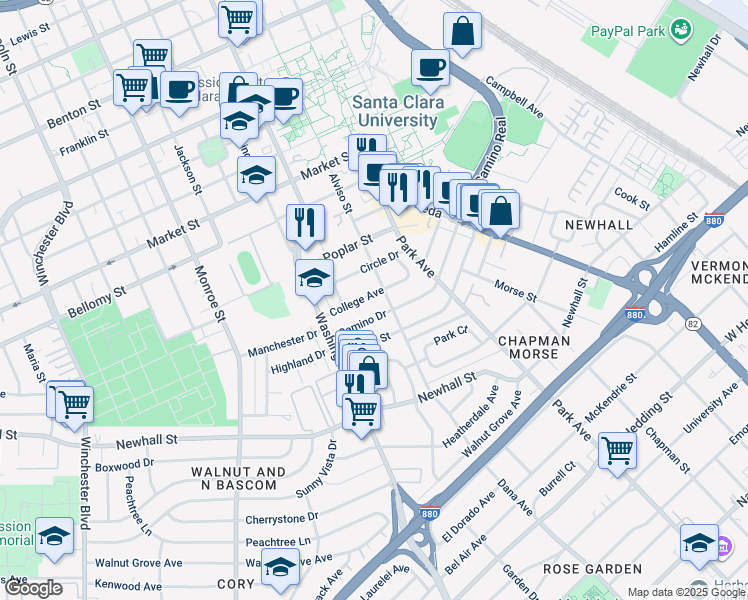 map of restaurants, bars, coffee shops, grocery stores, and more near 838 College Avenue in Santa Clara