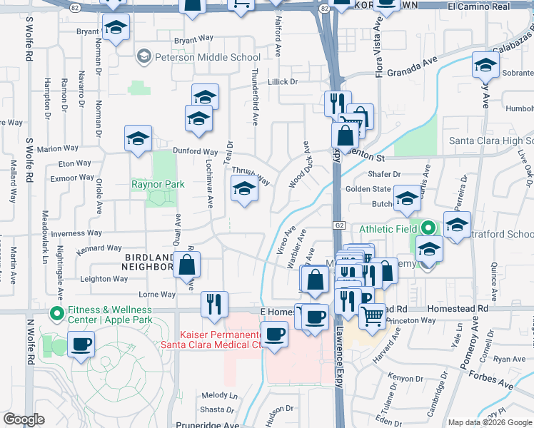 map of restaurants, bars, coffee shops, grocery stores, and more near 3760 Benton Street in Santa Clara