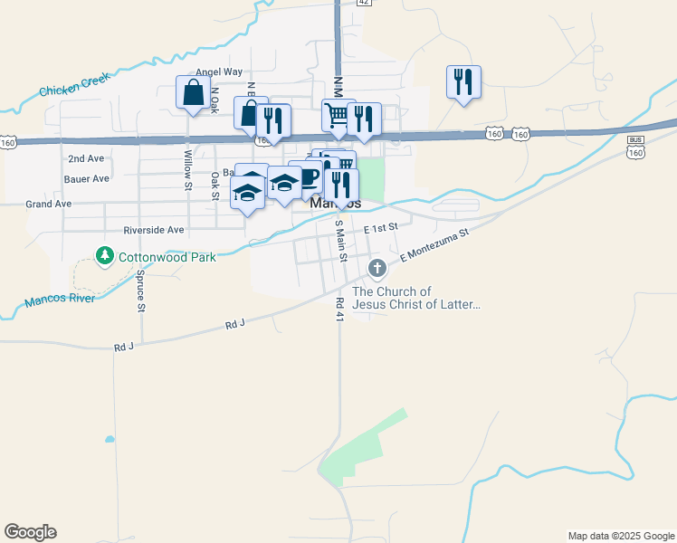 map of restaurants, bars, coffee shops, grocery stores, and more near 301 South Mesa Street in Mancos