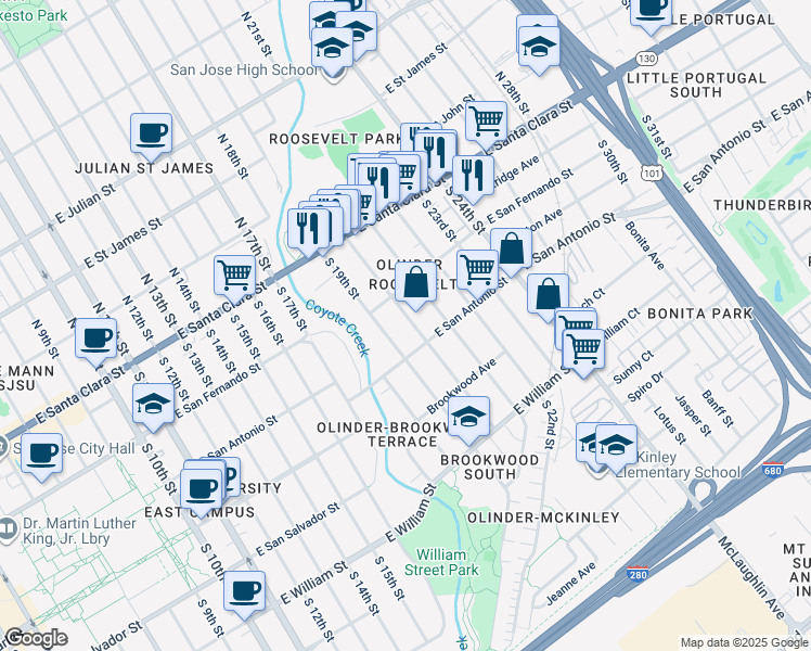 map of restaurants, bars, coffee shops, grocery stores, and more near 133 South 20th Street in San Jose