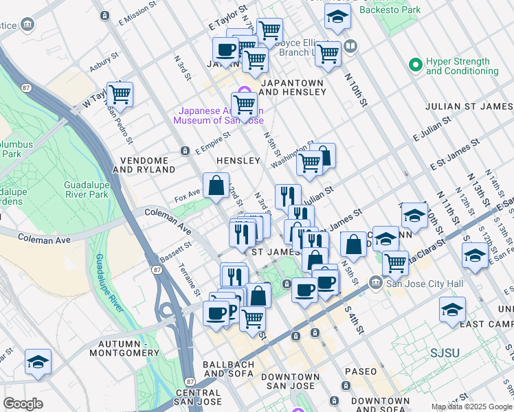 map of restaurants, bars, coffee shops, grocery stores, and more near 350 North 2nd Street in San Jose