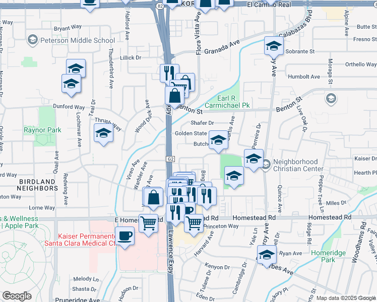 map of restaurants, bars, coffee shops, grocery stores, and more near 3540 Butcher Drive in Santa Clara