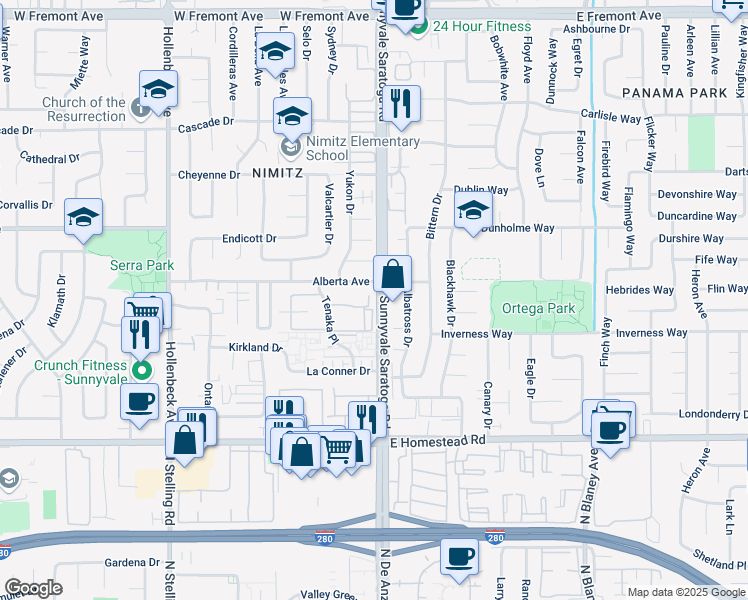 map of restaurants, bars, coffee shops, grocery stores, and more near in Sunnyvale