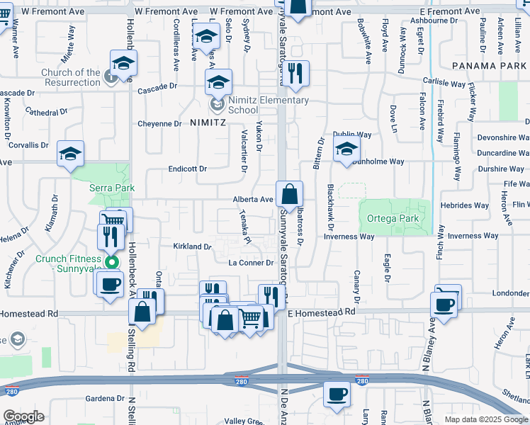 map of restaurants, bars, coffee shops, grocery stores, and more near 513 Granger Terrace in Sunnyvale