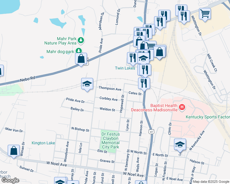 map of restaurants, bars, coffee shops, grocery stores, and more near 384 Thompson Avenue in Madisonville