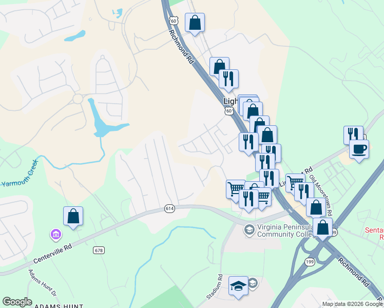 map of restaurants, bars, coffee shops, grocery stores, and more near 4685 Revolutionary Way in Williamsburg