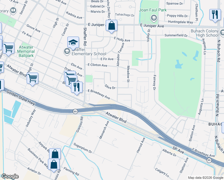 map of restaurants, bars, coffee shops, grocery stores, and more near 328 Silva Drive in Atwater