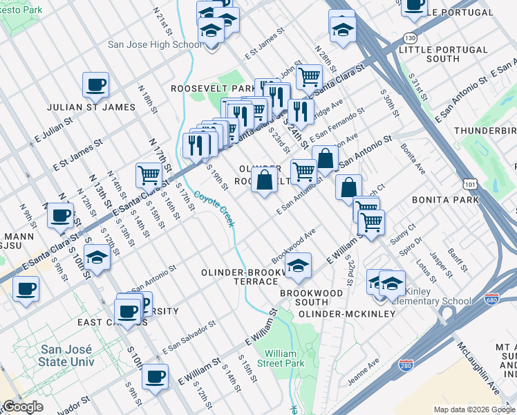 map of restaurants, bars, coffee shops, grocery stores, and more near 133 South 20th Street in San Jose