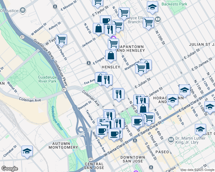 map of restaurants, bars, coffee shops, grocery stores, and more near 400 North First Street in San Jose
