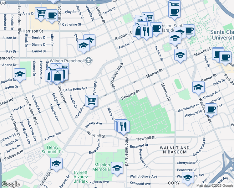 map of restaurants, bars, coffee shops, grocery stores, and more near 575N Winchester Boulevard in Santa Clara