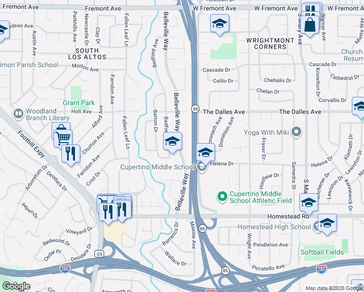 map of restaurants, bars, coffee shops, grocery stores, and more near 1570 Belleville Way in Sunnyvale