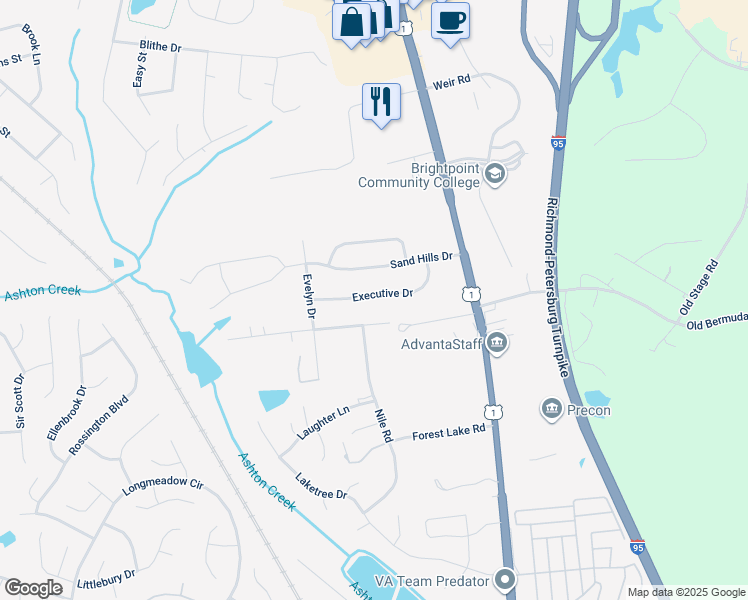 map of restaurants, bars, coffee shops, grocery stores, and more near 2801 Executive Dr in Chester
