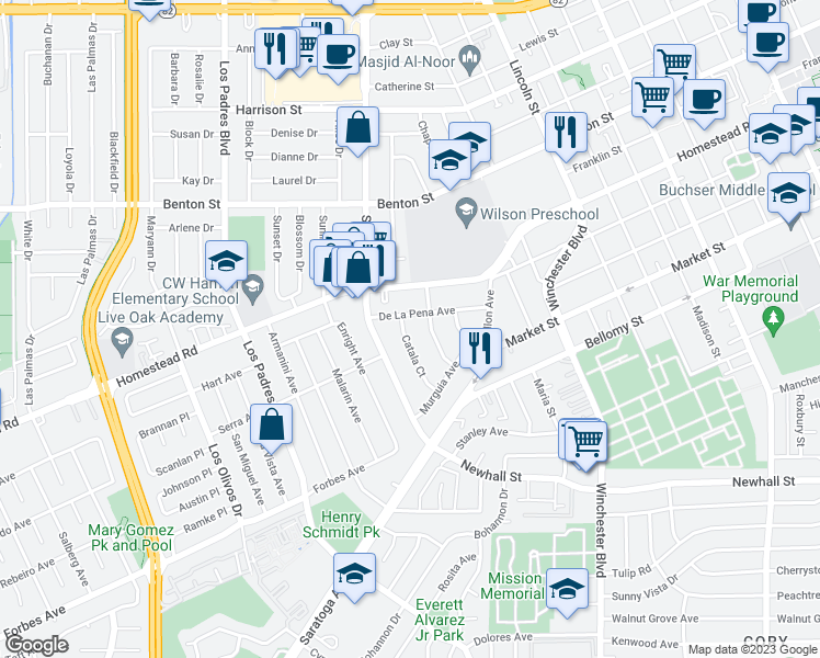 map of restaurants, bars, coffee shops, grocery stores, and more near 767 Catala Court in Santa Clara