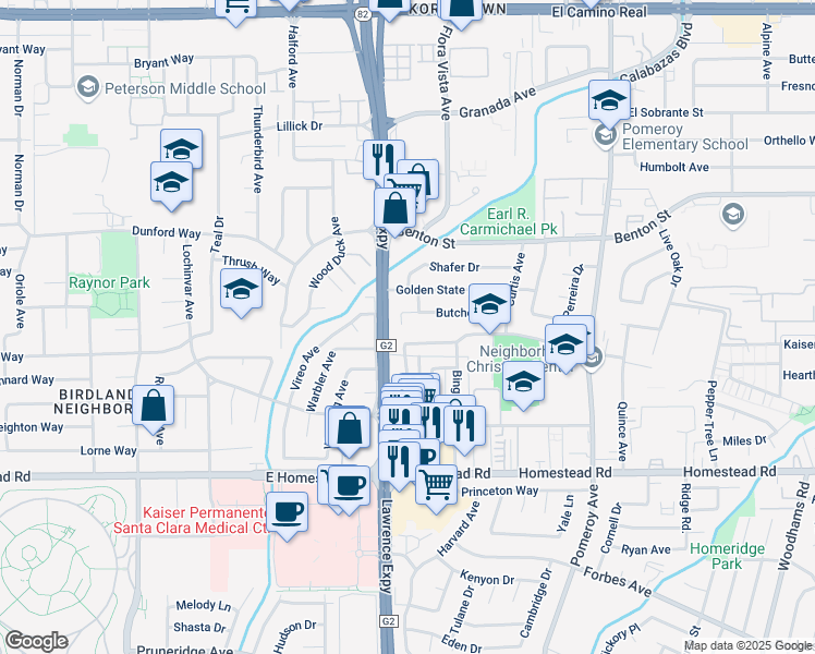 map of restaurants, bars, coffee shops, grocery stores, and more near 3580 Butcher Drive in Santa Clara