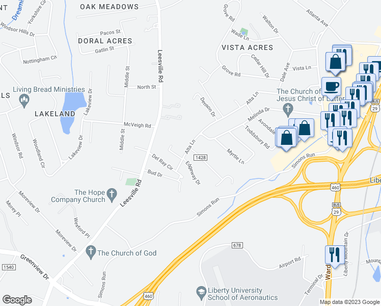 map of restaurants, bars, coffee shops, grocery stores, and more near 401 Alta Lane in Lynchburg