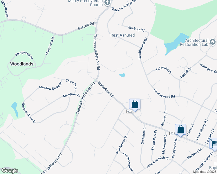 map of restaurants, bars, coffee shops, grocery stores, and more near 5459 Waterlick Road in Forest
