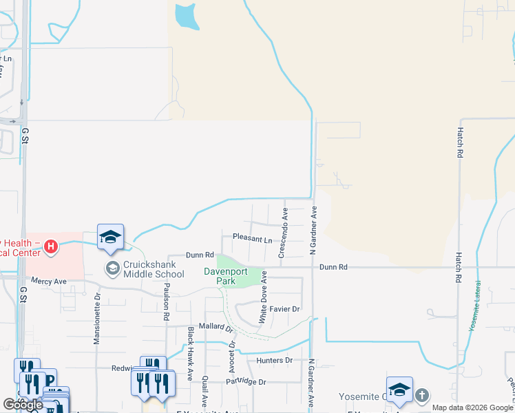 map of restaurants, bars, coffee shops, grocery stores, and more near 4142 Canopy Court in Merced