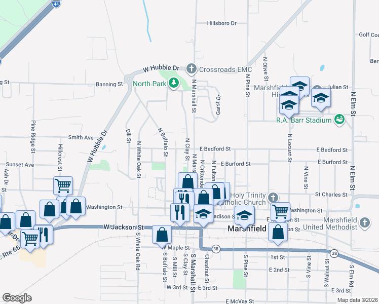 map of restaurants, bars, coffee shops, grocery stores, and more near 424 North Clay Street in Marshfield