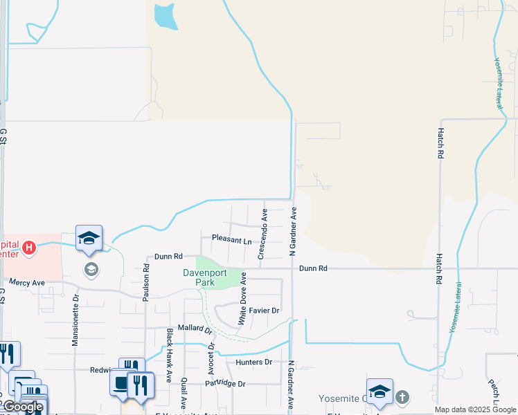 map of restaurants, bars, coffee shops, grocery stores, and more near 4155 Crescendo Avenue in Merced