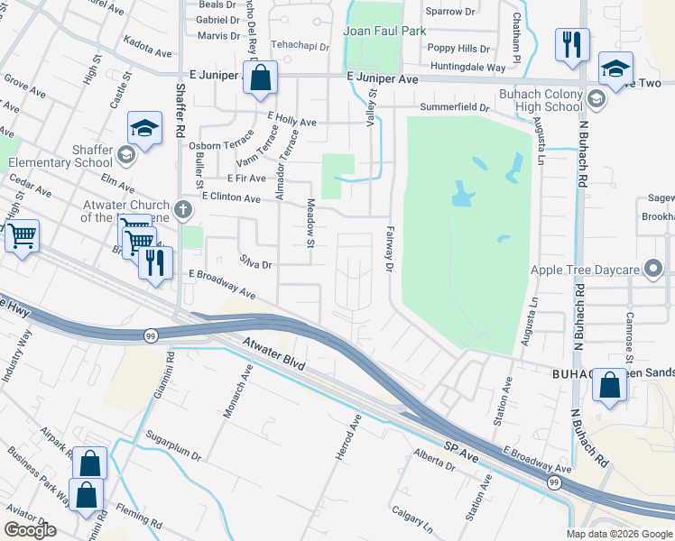 map of restaurants, bars, coffee shops, grocery stores, and more near 150 Seville Court in Atwater
