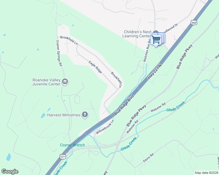 map of restaurants, bars, coffee shops, grocery stores, and more near 30 Eagle Ridge in Roanoke
