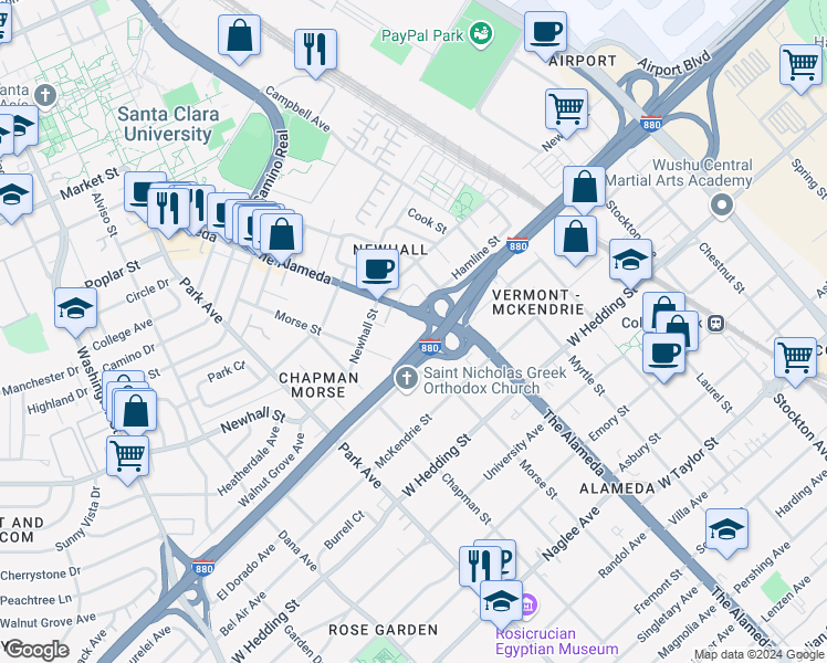 map of restaurants, bars, coffee shops, grocery stores, and more near 2001 The Alameda in San Jose