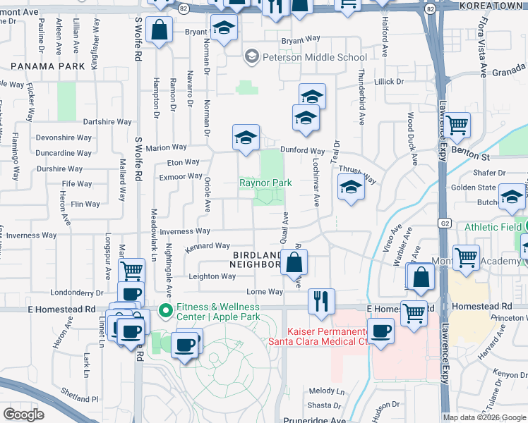 map of restaurants, bars, coffee shops, grocery stores, and more near 1015 Gloucester Court in Sunnyvale