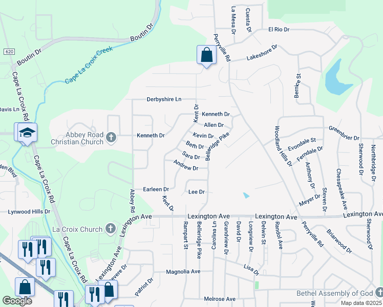 map of restaurants, bars, coffee shops, grocery stores, and more near 2010 Sara Drive in Cape Girardeau