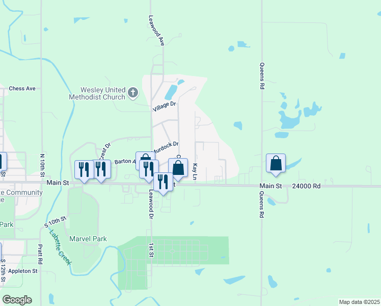 map of restaurants, bars, coffee shops, grocery stores, and more near 211 Kay Lane in Parsons