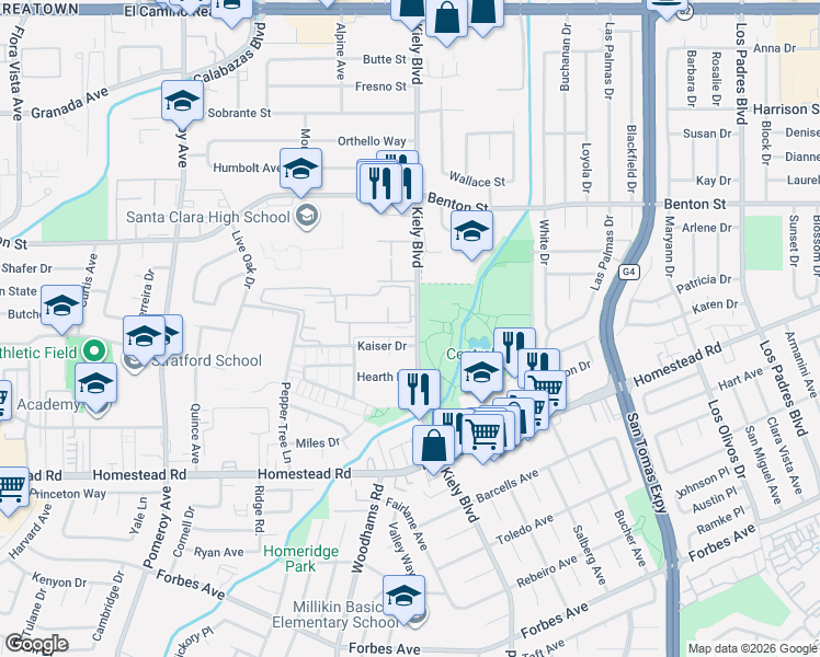 map of restaurants, bars, coffee shops, grocery stores, and more near 2955 Via Roma Place in Santa Clara