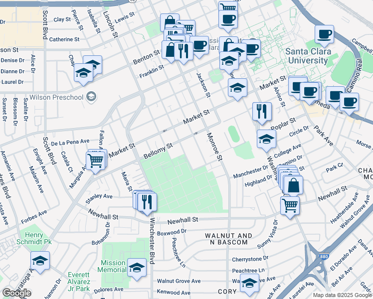 map of restaurants, bars, coffee shops, grocery stores, and more near 427 Jefferson Street in Santa Clara