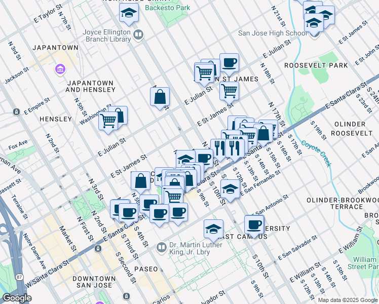 map of restaurants, bars, coffee shops, grocery stores, and more near 121 North 10th Street in San Jose