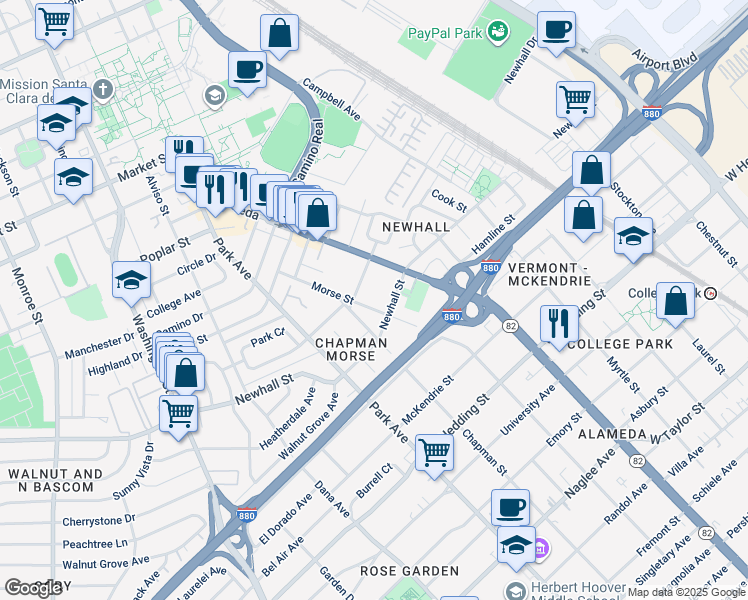 map of restaurants, bars, coffee shops, grocery stores, and more near 1128 Morse Street in San Jose