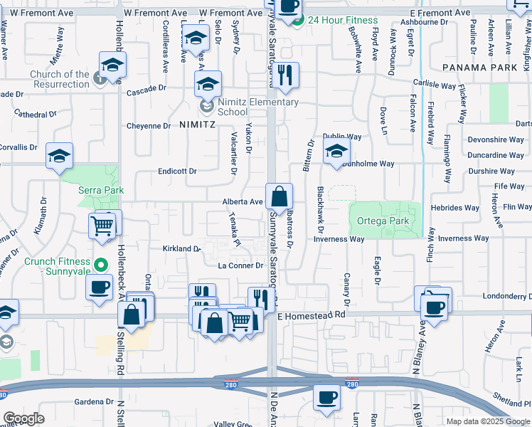 map of restaurants, bars, coffee shops, grocery stores, and more near in Sunnyvale