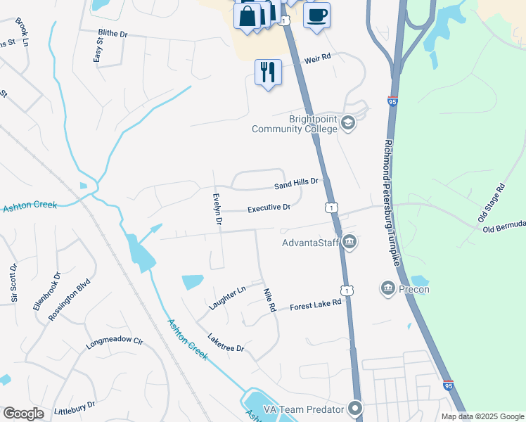 map of restaurants, bars, coffee shops, grocery stores, and more near 2801 Executive Dr in Chester