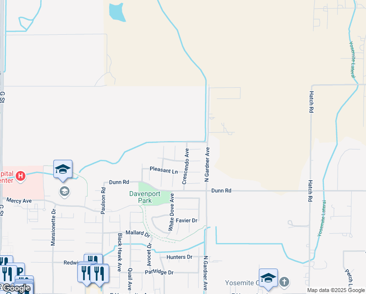 map of restaurants, bars, coffee shops, grocery stores, and more near 4155 Crescendo Avenue in Merced
